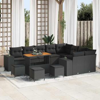 ARDEBO.de - 13-teiliges Garten Sofa Set mit Kissen Schwarz Poly Rattan Akazie, 4-teiliges Garten Ess-Set mit Kissen Schwarz Poly Rattan Akazie