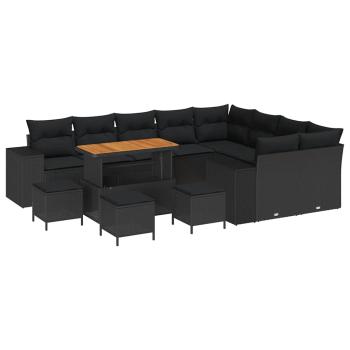 13-teiliges Garten Sofa Set mit Kissen Schwarz Poly Rattan Akazie, 4-teiliges Garten Ess-Set mit Kissen Schwarz Poly Rattan Akazie
