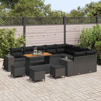 13-teiliges Garten Sofa Set mit Kissen Schwarz Poly Rattan Akazie, 4-teiliges Garten Ess-Set mit Kissen Schwarz Poly Rattan Akazie