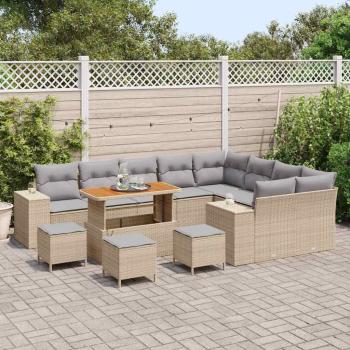 13-teiliges Garten-Sofa-Set mit Kissen Beige Poly Rattan Akazie, 4-teiliges Garten-Dining-Set mit Kissen Beige Poly Rattan Akazie