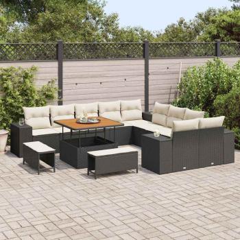 13-teiliges Garten-Sofa-Set mit Kissen Schwarz Poly Rattan Akazie, 3-teiliges Garten-Ess-Set mit Kissen Schwarz Poly Rattan Akazie