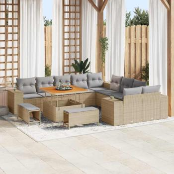 ARDEBO.de - 13-teiliges Garten-Sofa-Set mit Kissen Beige Poly Rattan Akazie, 3-teiliges Garten-Ess-Set mit Kissen Beige Poly Rattan Akazie