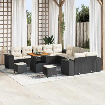ARDEBO.de - 13-teiliges Garten Sofa Set mit Kissen Schwarz Poly Rattan Akazie, 3-teiliges Garten Essset mit Kissen Schwarz Poly Rattan Akazie