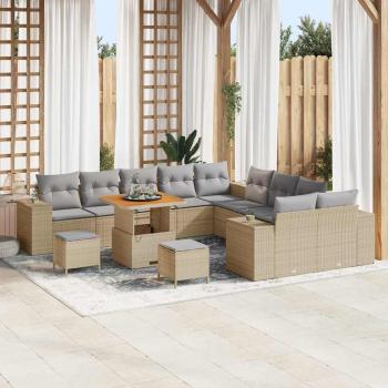 ARDEBO.de - 13-tlg. Garten-Sofa-Set mit Kissen Beige Poly Rattan Akazie, 3-tlg. Garten-Essgruppe mit Kissen Beige Poly Rattan Akazie