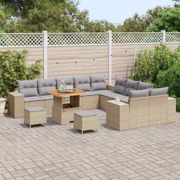 13-tlg. Garten-Sofa-Set mit Kissen Beige Poly Rattan Akazie, 3-tlg. Garten-Essgruppe mit Kissen Beige Poly Rattan Akazie
