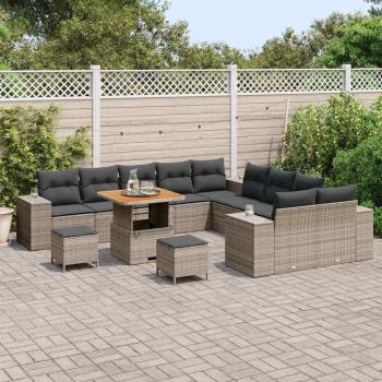 ARDEBO.de - 13-teiliges Garten Sofaset mit Kissen Grau Poly Rattan Akazie, 3-teiliges Garten Esstisch Set mit Kissen Grau Poly Rattan Akazie