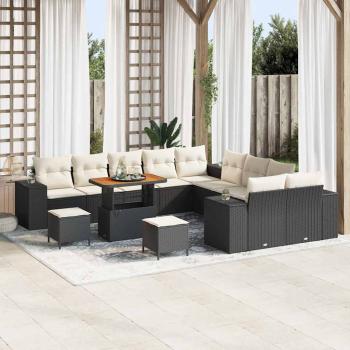 ARDEBO.de - 13-teiliges Garten Sofa Set mit Kissen Schwarz Poly Rattan Akazie, 3-teiliges Garten Esszimmer Set mit Kissen Schwarz Poly Rattan Akazie