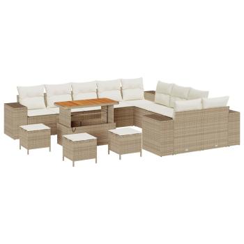 14-teiliges Garten-Sofa-Set mit Kissen in Beige aus Poly-Rattan und Akazie, 4-teiliges Garten-Essenset mit Kissen in Beige aus Poly-Rattan und Akazie