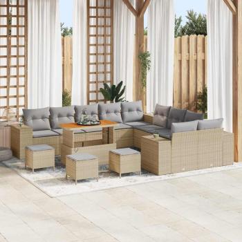 ARDEBO.de - 14-teiliges Garten Sofa Set mit Kissen Beige Poly Rattan Akazie, 4-teiliges Garten Essensemble mit Kissen Beige Poly Rattan Akazie