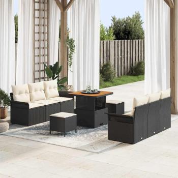 ARDEBO.de - 9-teiliges Garten-Sofa-Set mit Kissen aus schwarzem Poly-Rattan, 2-Sitzer Garten-Sofa mit Stauraum & Kissen aus schwarzem Poly-Rattan, 3-tlg. Garten-Diningset mit Kissen aus schwarzem Poly-Rattan