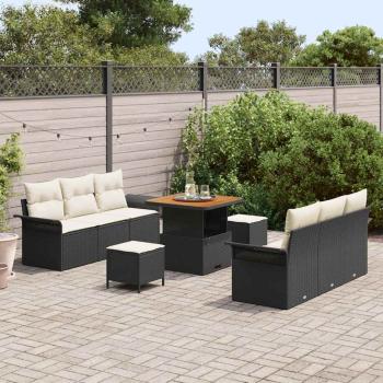 9-teiliges Garten-Sofa-Set mit Kissen aus schwarzem Poly-Rattan, 2-Sitzer Garten-Sofa mit Stauraum & Kissen aus schwarzem Poly-Rattan, 3-tlg. Garten-Diningset mit Kissen aus schwarzem Poly-Rattan