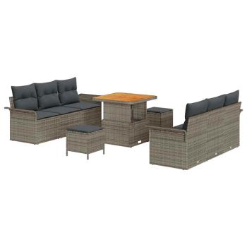 9-teiliges Garten-Sofa-Set mit Kissen Grau Poly-Rattan Akazie, 2-Sitzer Garten-Sofa mit Stauraum & Kissen Grau Poly-Rattan, 3-teiliges Garten-Ess-Set mit Kissen Grau Poly-Rattan Akazie