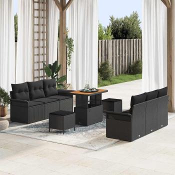 ARDEBO.de - 9-teiliges Garten Sofa Set mit Kissen Schwarz Poly Rattan Akazie, 2-Sitzer Garten Sofa mit Stauraum & Kissen Schwarz Poly Rattan, 3-teiliges Garten Essset mit Kissen Schwarz Poly Rattan Akazie