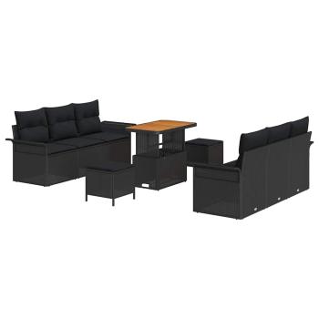 9-teiliges Garten Sofa Set mit Kissen Schwarz Poly Rattan Akazie, 2-Sitzer Garten Sofa mit Stauraum & Kissen Schwarz Poly Rattan, 3-teiliges Garten Essset mit Kissen Schwarz Poly Rattan Akazie