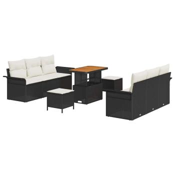 9-teiliges Garten-Sofa-Set mit Kissen Schwarz Poly Rattan Akazie, 2-Sitzer Garten-Sofa mit Stauraum & Kissen Schwarz Poly Rattan, 3-teiliges Garten-Essbereich-Set mit Kissen Schwarz Poly Rattan Akazie
