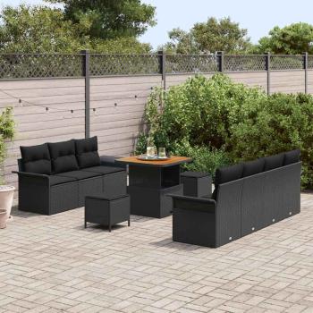 10-teiliges Garten-Sofa-Set mit Kissen Schwarz Poly-Rattan Akazie, 2-Sitzer Garten-Sofa mit Stauraum & Kissen Schwarz Poly-Rattan, 3-teiliges Garten-Esszimmer-Set mit Kissen Schwarz Poly-Rattan Akazie