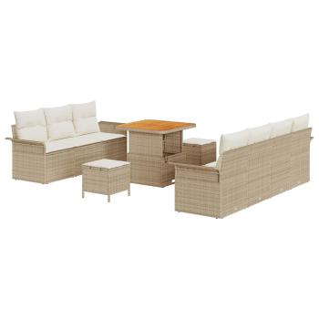 10-teiliges Garten Sofa Set mit Kissen Beige Poly Rattan Akazie, 2-Sitzer Garten Sofa mit Stauraum & Kissen Beige Poly Rattan, 3-teiliges Garten Esszimmer Set mit Kissen Beige Poly Rattan Akazie