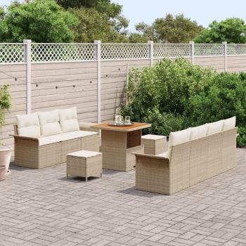10-teiliges Garten Sofa Set mit Kissen Beige Poly Rattan Akazie, 2-Sitzer Garten Sofa mit Stauraum & Kissen Beige Poly Rattan, 3-teiliges Garten Esszimmer Set mit Kissen Beige Poly Rattan Akazie
