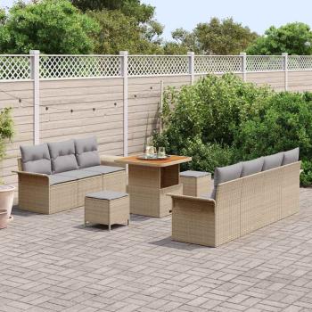 10-teiliges Gartensofa Set mit Kissen Beige Poly Rattan Akazie, 2-Sitzer Gartensofa mit Stauraum & Kissen Beige Poly Rattan, 3-teiliges Gartendining Set mit Kissen Beige Poly Rattan Akazie