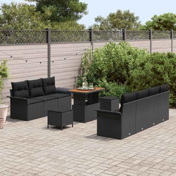 10-teiliges Garten Sofa Set mit Kissen Schwarz Poly Rattan Akazie, 2-Sitzer Garten Sofa mit Stauraum & Kissen Schwarz Poly Rattan, 3-teiliges Garten Esszimmer Set mit Kissen Schwarz Poly Rattan Akazie