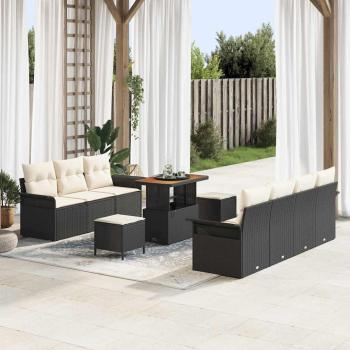 ARDEBO.de - 10-teiliges Garten-Sofa-Set mit Kissen Schwarz Poly-Rattan Akazie, 2-Sitzer Garten-Sofa mit Stauraum und Kissen Schwarz Poly-Rattan, 3-teiliges Garten-Esszimmer-Set mit Kissen Schwarz Poly-Rattan Akazie