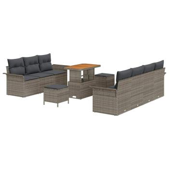 10-teiliges Garten-Sofa-Set mit Kissen Graues Poly-Rattan Akazie, 2-Sitzer Garten-Sofa mit Stauraum und Kissen Graues Poly-Rattan, 3-teiliges Garten-Dining-Set mit Kissen Graues Poly-Rattan Akazie