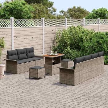 10-teiliges Garten-Sofa-Set mit Kissen Graues Poly-Rattan Akazie, 2-Sitzer Garten-Sofa mit Stauraum und Kissen Graues Poly-Rattan, 3-teiliges Garten-Dining-Set mit Kissen Graues Poly-Rattan Akazie