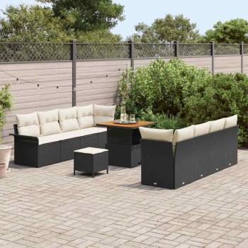 11-teiliges Garten Sofa Set mit Kissen Schwarzes Poly Rattan Akazie, 2-Sitzer Garten Sofa mit Stauraum & Kissen Schwarzes Poly Rattan, 3-teiliges Garten Esstisch Set mit Kissen Schwarzes Poly Rattan Akazie