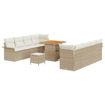 11-teiliges Garten Sofa Set mit Kissen Beige Poly Rattan Akazie, 2-Sitzer Garten Sofa mit Stauraum & Kissen Beige Poly Rattan, 3-teiliges Garten Essbereich Set mit Kissen Beige Poly Rattan Akazie