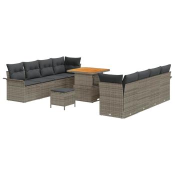 11-teiliges Garten-Sofa-Set mit Kissen Grau Poly Rattan Akazie, 2-Sitzer Garten Sofa mit Stauraum & Kissen Grau Poly Rattan, 3-teiliges Garten Esstisch-Set mit Kissen Grau Poly Rattan Akazie