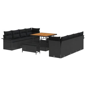 11-teiliges Garten-Sofa-Set mit Kissen Schwarz Poly-Rattan Akazie, 2-Sitzer Garten-Sofa mit Stauraum & Kissen Schwarz Poly-Rattan, 3-teiliges Garten-Ess-Set mit Kissen Schwarz Poly-Rattan Akazie