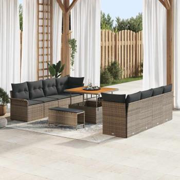 ARDEBO.de - 11-teiliges Garten-Sofa-Set mit Kissen Grau Poly-Rattan Akazie, 2-Sitzer Garten-Sofa mit Stauraum und Kissen Grau Poly-Rattan, 3-teiliges Garten-Dining-Set mit Kissen Grau Poly-Rattan Akazie