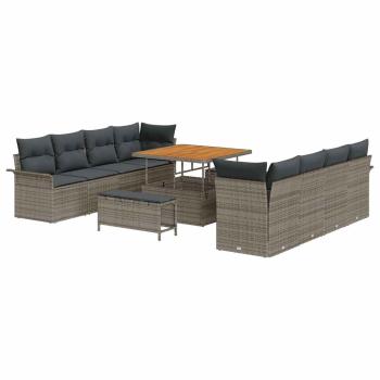 11-teiliges Garten-Sofa-Set mit Kissen Grau Poly-Rattan Akazie, 2-Sitzer Garten-Sofa mit Stauraum und Kissen Grau Poly-Rattan, 3-teiliges Garten-Dining-Set mit Kissen Grau Poly-Rattan Akazie