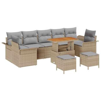 10-teiliges Garten Sofa Set mit Kissen Beiges Poly Rattan Akazie, 2-Sitzer Garten Sofa mit Stauraum & Kissen Beiges Poly Rattan, 3-teiliges Garten Essset mit Kissen Beiges Poly Rattan Akazie