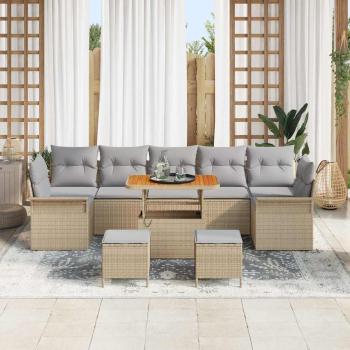 10-teiliges Garten Sofa Set mit Kissen Beiges Poly Rattan Akazie, 2-Sitzer Garten Sofa mit Stauraum & Kissen Beiges Poly Rattan, 3-teiliges Garten Essset mit Kissen Beiges Poly Rattan Akazie
