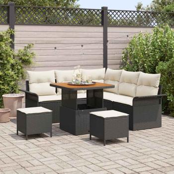 ARDEBO.de - 8-teiliges Garten Sofa Set mit Kissen Schwarz Poly Rattan Akazie, 2-Sitzer Garten Sofa mit Stauraum & Kissen Schwarz Poly Rattan, 3-teiliges Garten Essenset mit Kissen Schwarz Poly Rattan Akazie