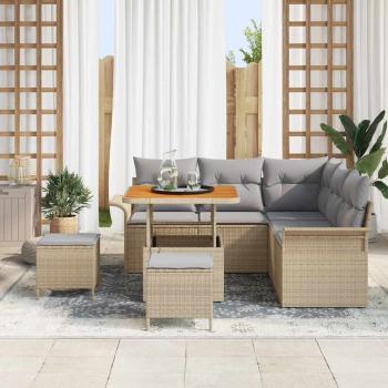 ARDEBO.de - 8-teiliges Garten-Sofaset mit Kissen Beige Poly-Rattan Akazie, 2-Sitzer Garten-Sofa mit Stauraum & Kissen Beige Poly-Rattan, 3-teiliges Garten-Ess-Set mit Kissen Beige Poly-Rattan Akazie
