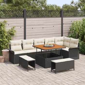 ARDEBO.de - 9-teiliges Garten-Sofa Set mit Kissen Schwarz Poly Rattan Akazie, 2-Sitzer Garten-Sofa mit Stauraum & Kissen Schwarz Poly Rattan, 3-teiliges Garten-Dining-Set mit Kissen Schwarz Poly Rattan Akazie
