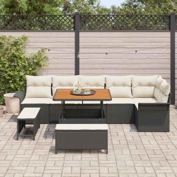 9-teiliges Garten-Sofa Set mit Kissen Schwarz Poly Rattan Akazie, 2-Sitzer Garten-Sofa mit Stauraum & Kissen Schwarz Poly Rattan, 3-teiliges Garten-Dining-Set mit Kissen Schwarz Poly Rattan Akazie