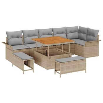 ARDEBO.de - 9-teiliges Garten Sofaset mit Kissen Beige Poly Rattan Akazie, 2-Sitzer Garten Sofa mit Stauraum & Kissen Beige Poly Rattan, 3-teiliges Garten Essset mit Kissen Beige Poly Rattan Akazie