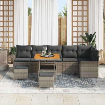 9-teiliges Garten Sofa Set mit Kissen Grau Poly Rattan Akazie, 2-Sitzer Garten Sofa mit Stauraum und Kissen Grau Poly Rattan, 3-teiliges Garten Essset mit Kissen Grau Poly Rattan Akazie