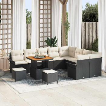 ARDEBO.de - 12-teiliges Garten Sofa Set mit Kissen Schwarz Poly-Rattan Akazie, 2-Sitzer Garten Sofa mit Stauraum & Kissen Schwarz Poly-Rattan, 3-teiliges Garten Essset mit Kissen Schwarz Poly-Rattan Akazie
