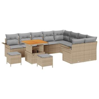 12-teiliges Garten Sofaset mit Kissen Beige Poly-Rattan Akazie, 2-Sitzer Garten Sofa mit Stauraum & Kissen Beige Poly-Rattan, 3-teiliges Garten Essset mit Kissen Beige Poly-Rattan Akazie
