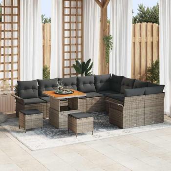 ARDEBO.de - 12-teiliges Garten-Sofa-Set mit Kissen Grau Poly-Rattan Akazie, 2-Sitzer Garten-Sofa mit Stauraum & Kissen Grau Poly-Rattan, 3-teiliges Garten-Dining-Set mit Kissen Grau Poly-Rattan Akazie