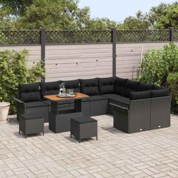 12-teiliges Garten Sofa Set mit Kissen Schwarz Poly-Rattan Akazie, 2-Sitzer Garten Sofa mit Stauraum & Kissen Schwarz Poly-Rattan, 3-teiliges Garten Essset mit Kissen Schwarz Poly-Rattan Akazie
