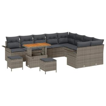 12-teiliges Garten-Sofa-Set mit Kissen Grau Poly Rattan Akazie, 2-Sitzer Garten-Sofa mit Stauraum & Kissen Grau Poly Rattan, 3-teiliges Garten-Ess-Set mit Kissen Grau Poly Rattan Akazie