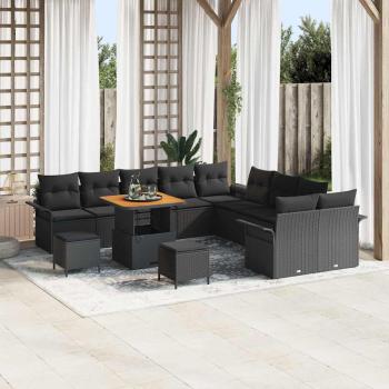 ARDEBO.de - 13-teiliges Garten Sofa Set mit Kissen Schwarz Poly Rattan Akazie, 2-Sitzer Garten Sofa mit Stauraum & Kissen Schwarz Poly Rattan, 3-teiliges Garten Essset mit Kissen Schwarz Poly Rattan Akazie
