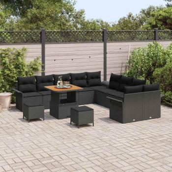 13-teiliges Garten Sofa Set mit Kissen Schwarz Poly Rattan Akazie, 2-Sitzer Garten Sofa mit Stauraum & Kissen Schwarz Poly Rattan, 3-teiliges Garten Essset mit Kissen Schwarz Poly Rattan Akazie