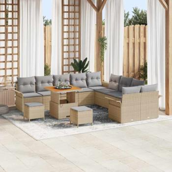 ARDEBO.de - 13-teiliges Garten Sofa Set mit Kissen Beige Poly Rattan Akazie, 2-Sitzer Garten Sofa mit Stauraum & Kissen Beige Poly Rattan, 3-teiliges Garten Esstisch Set mit Kissen Beige Poly Rattan Akazie