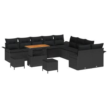 13-teiliges Garten Sofa Set mit Kissen Schwarz Poly Rattan Akazie, 2-Sitzer Garten Sofa mit Stauraum & Kissen Schwarz Poly Rattan, 3-teiliges Garten Esstischset mit Kissen Schwarz Poly Rattan Akazie